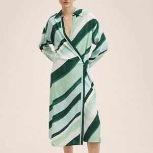 Mango Green Multi-Stripe Long Sleeve Wrap Dress